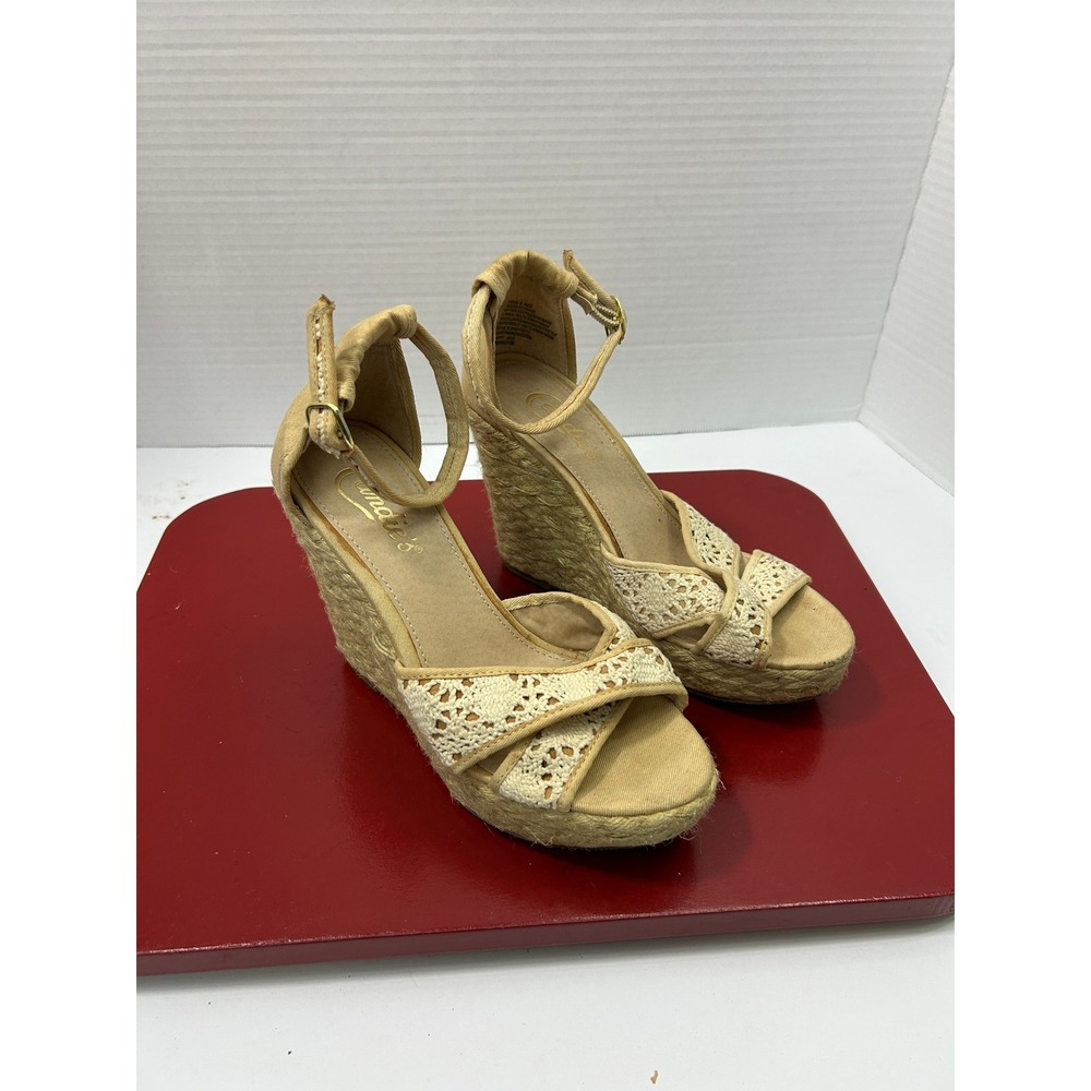 Candie's Crochet Lace Wedge Sandals 6 Natural Casey Espadrille Boho Cottagecore